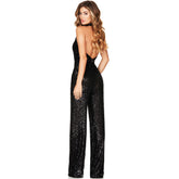 Glitzernder Pailletten Neckholder Wasserfallausschnitt Weites Bein Rückenfreier Jumpsuit - Schwarz